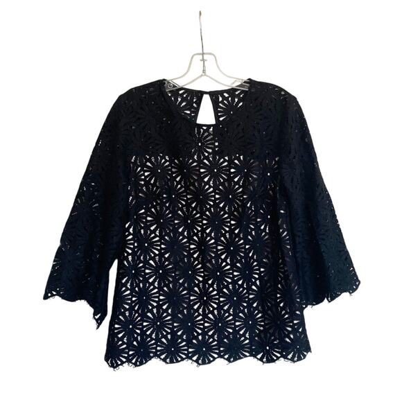 Trina Turk‎ Wilson Black Lace 3/4 Sleeves Blouse Top Black Cream M - Picture 5 of 15